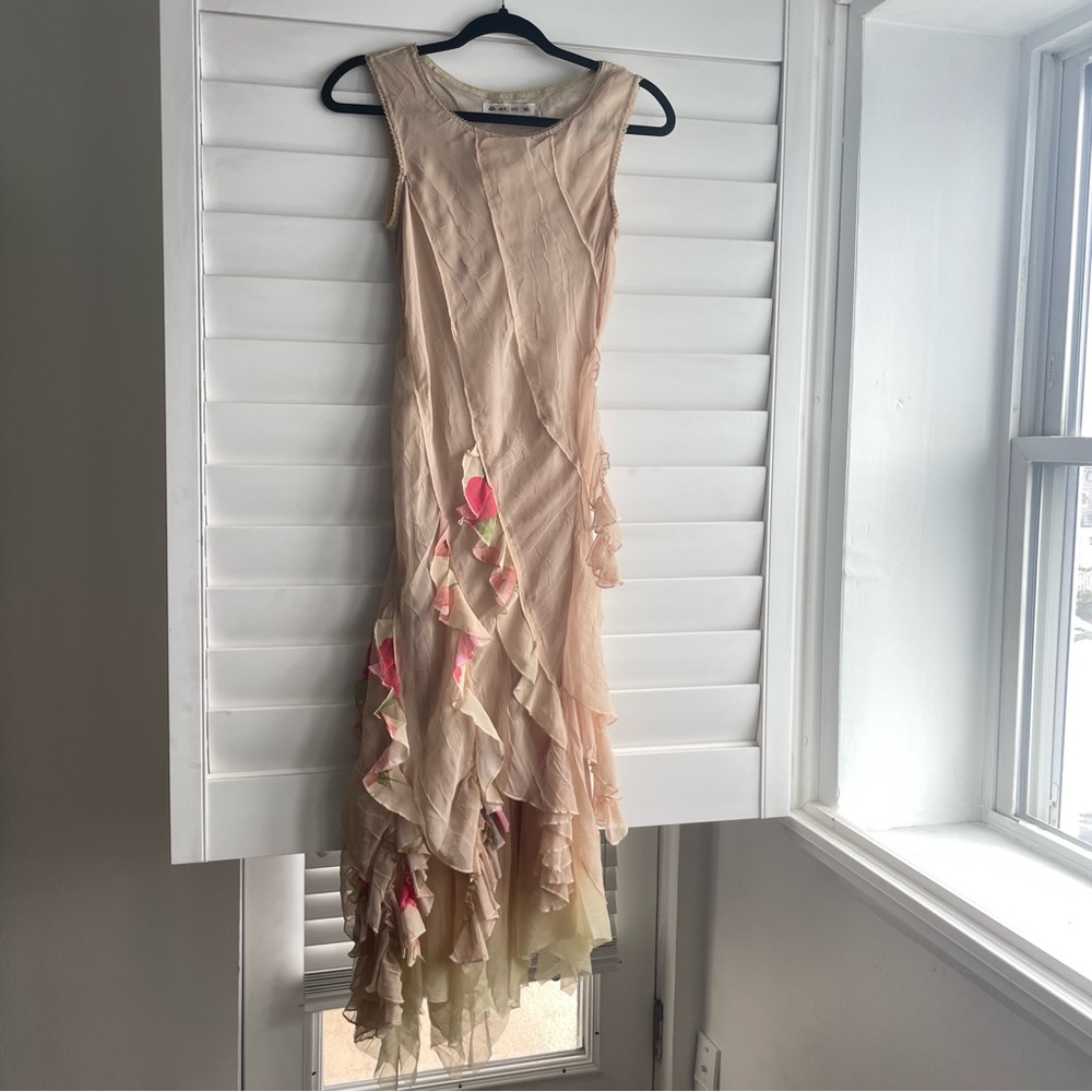 Peach 1980s ruffled high low sleeveless formal dress, XS